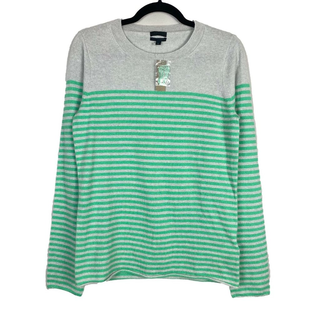 J CREW Collection NWT Large 100% Italian Cashmere Sweater Gray Green Stripe